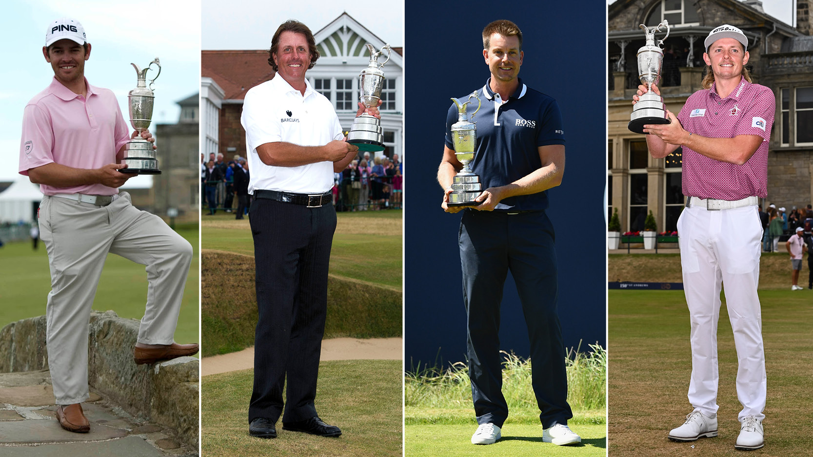 (L to R) Louis Oosthuizen, Phil Mickelson, Henrik Stenson and Cameron Smith all pose with the Claret Jug after winning The Open