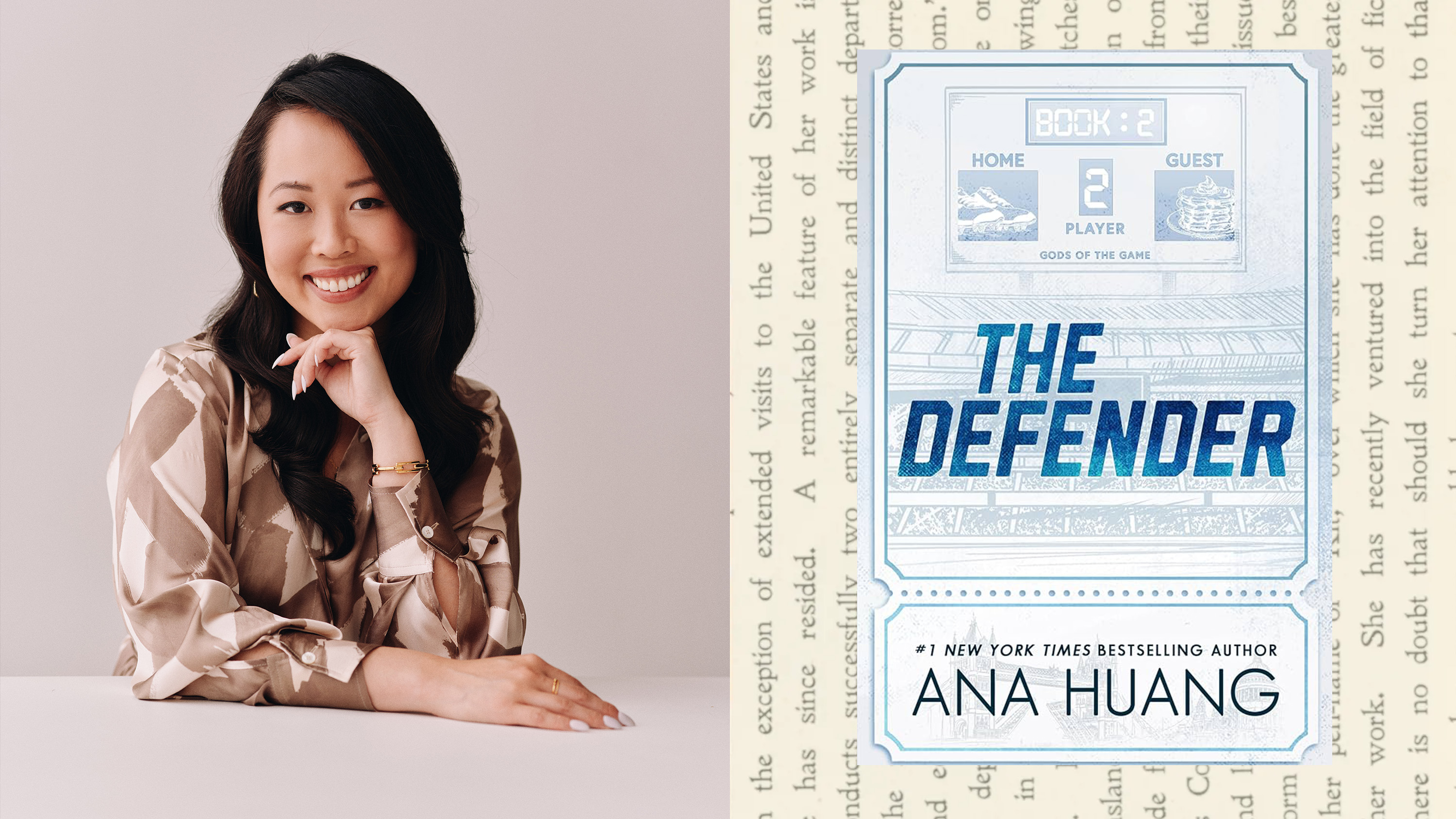 a split image of author ana huang&#039;s headshot and the cover of her book the defender