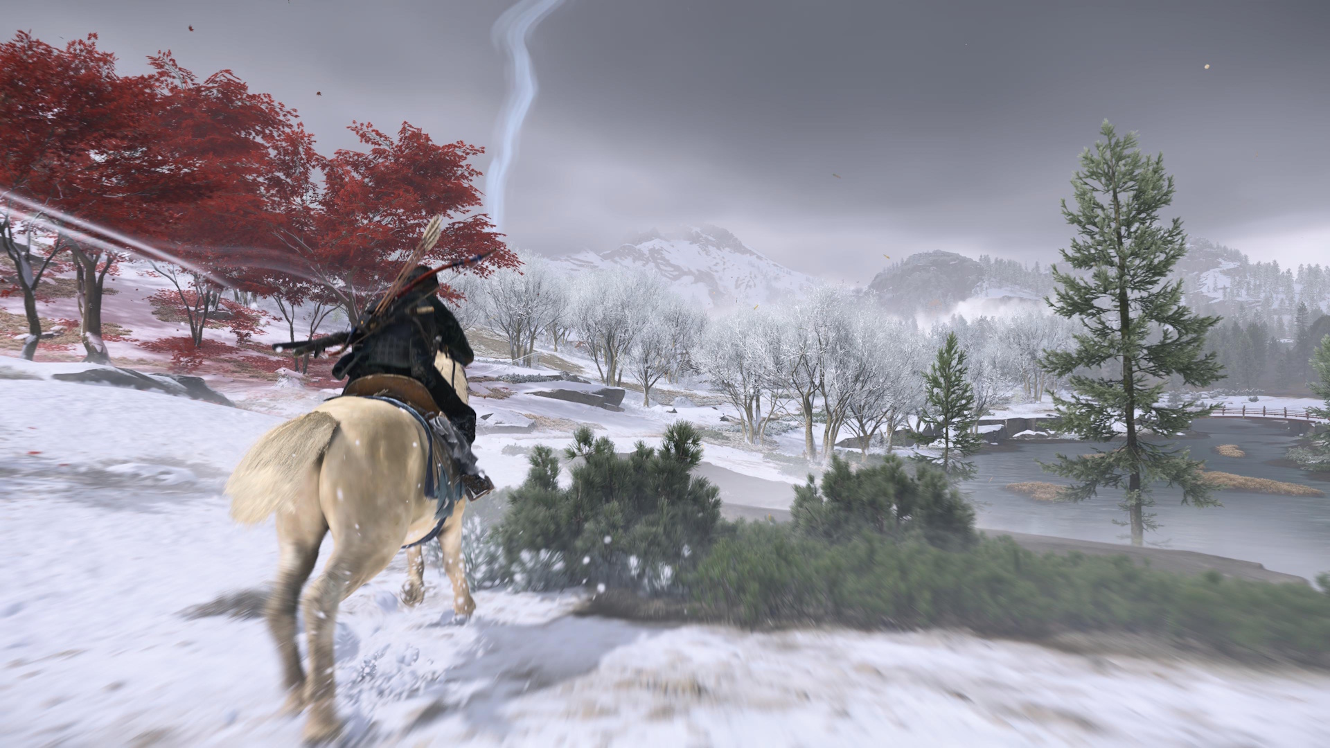 Ghost of Yotei screenshot of Atsu riding her horse