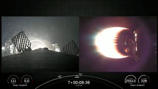 a spacex falcon 9 rocket first stage comes down for a landing on a ship at sea (left panel) while the single engine on the rocket's upper stage burns bright, powering 47 Starlink satellites to orbit (right panel)