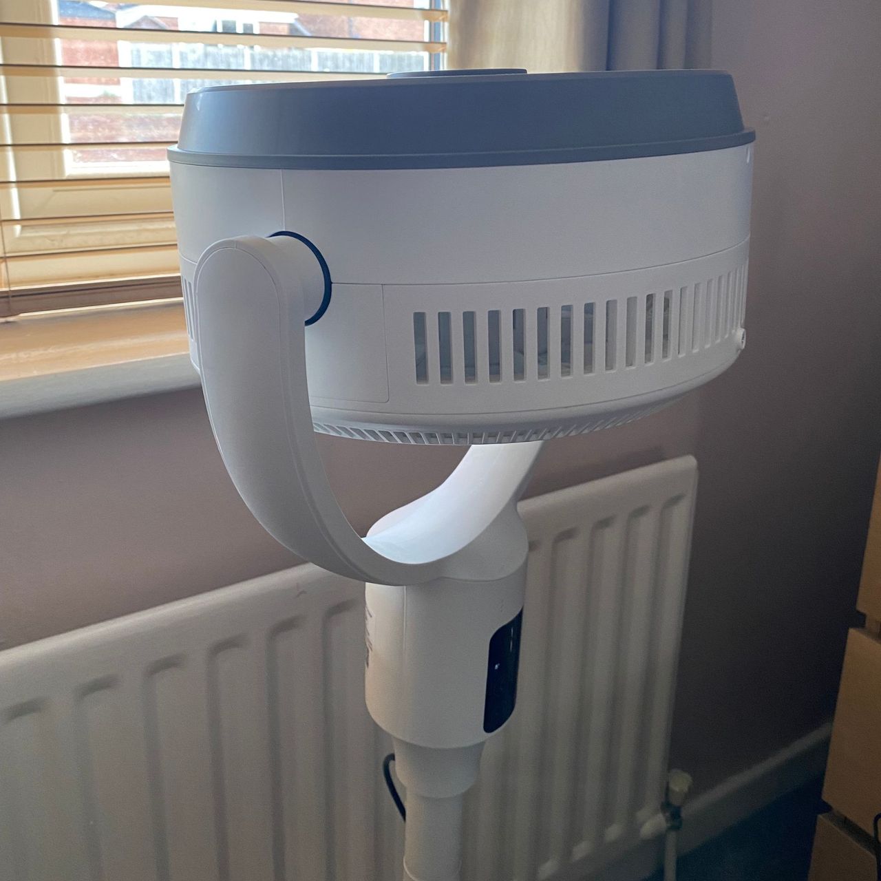 Pro Breeze Airflo 43'' Hybrid Pedestal Fan in the maximum upward tilt position next to a radiator in a plaster pink bedroom with wooden blinds on the window