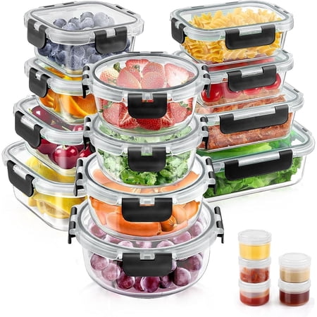 34pcs Glass Food Storage Containers With Lids Set, Airtight Meal Prep Containers (17 Containers &amp;amp; 17 Lids), Black