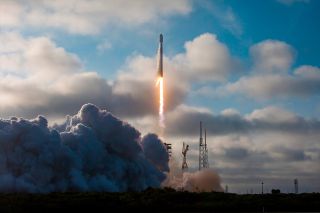 A SpaceX Falcon 9 rocket lifts off with two SES O3b mPOWER communication satellites from Cape Canaveral Space Force Station in Florida on Sunday, Nov. 12, 2023.