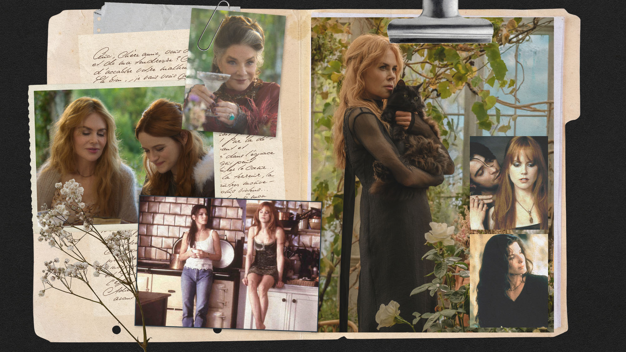 A collage of images from Practical Magic (1998) and Practical Magic 2 (2026) starring Nicole Kidman and Sandra Bullock.