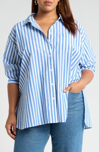 The Plus Signature Poplin Oversize Button-Up Shirt in Springy Stripe