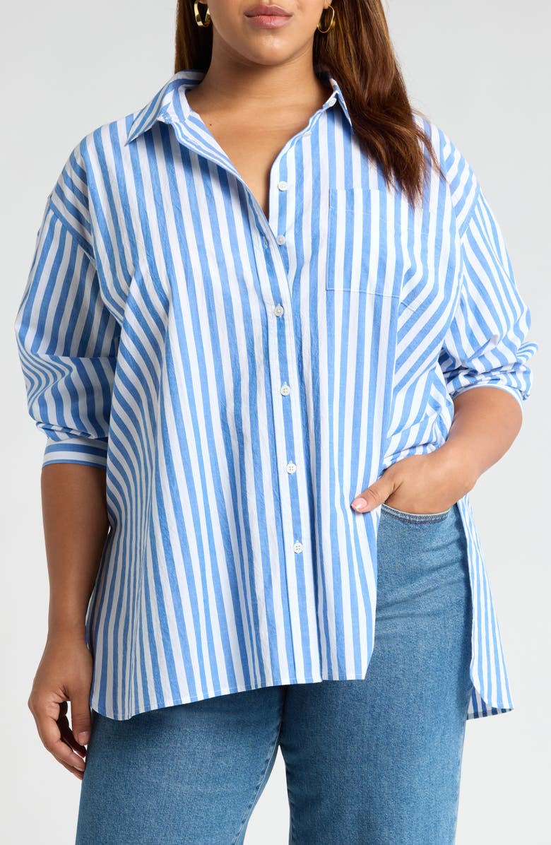 The Plus Signature Poplin Oversize Button-Up Shirt in Springy Stripe