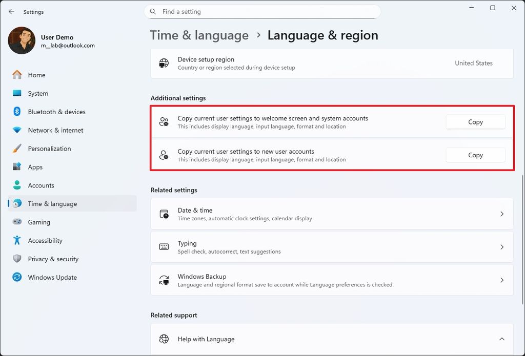 Current users settings copy options