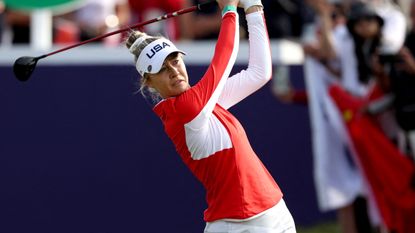 Nelly Korda takes a tee shot during the first round of the women&#039;s Olympics golf tournament