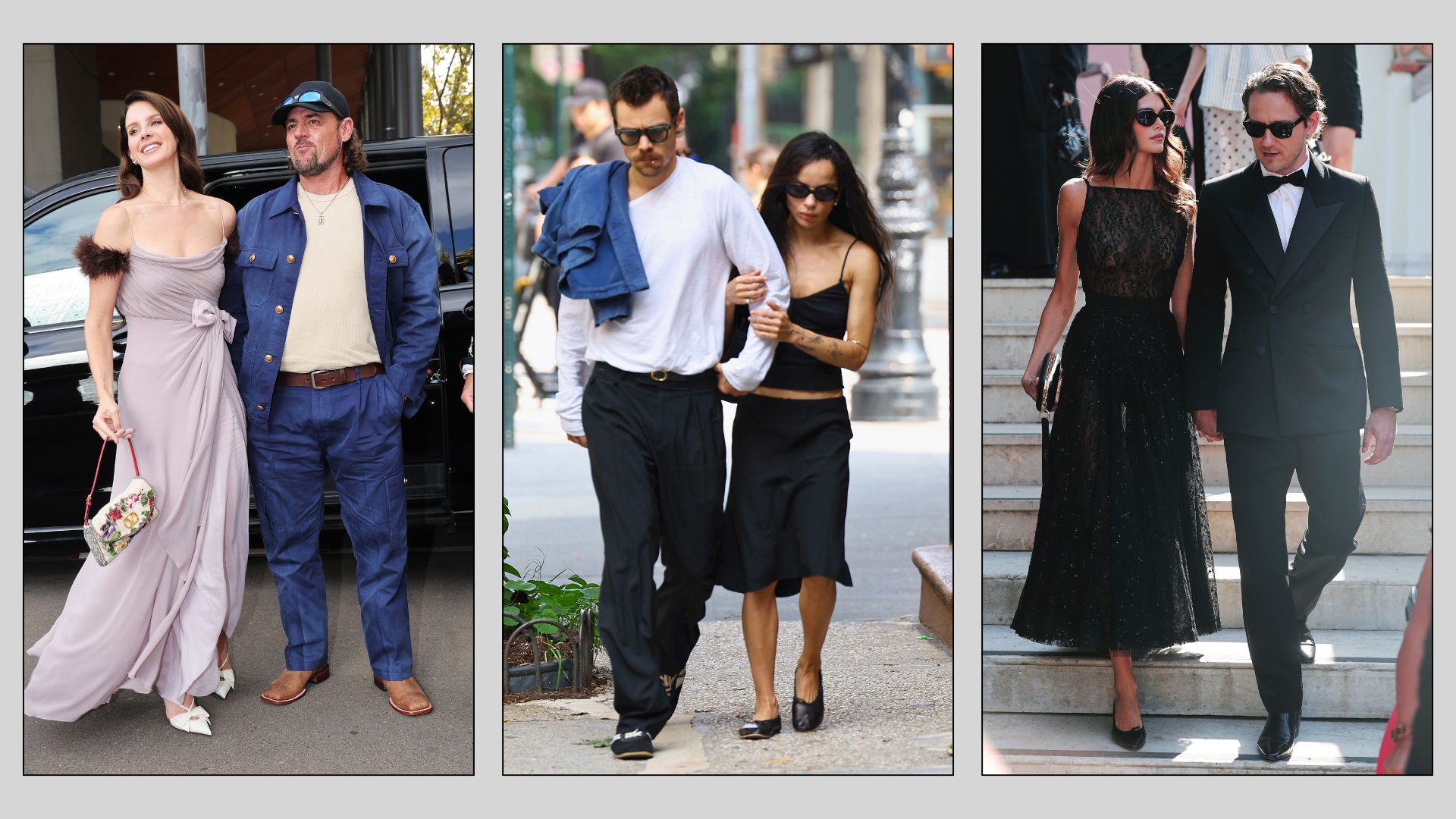 A collage of the best-dressed celebrity couples, including Zoe Kravitz and Harry Styles, Lewis Pullman and Kaia Gerber and Lana Del Rey and Jeremy Dufrene