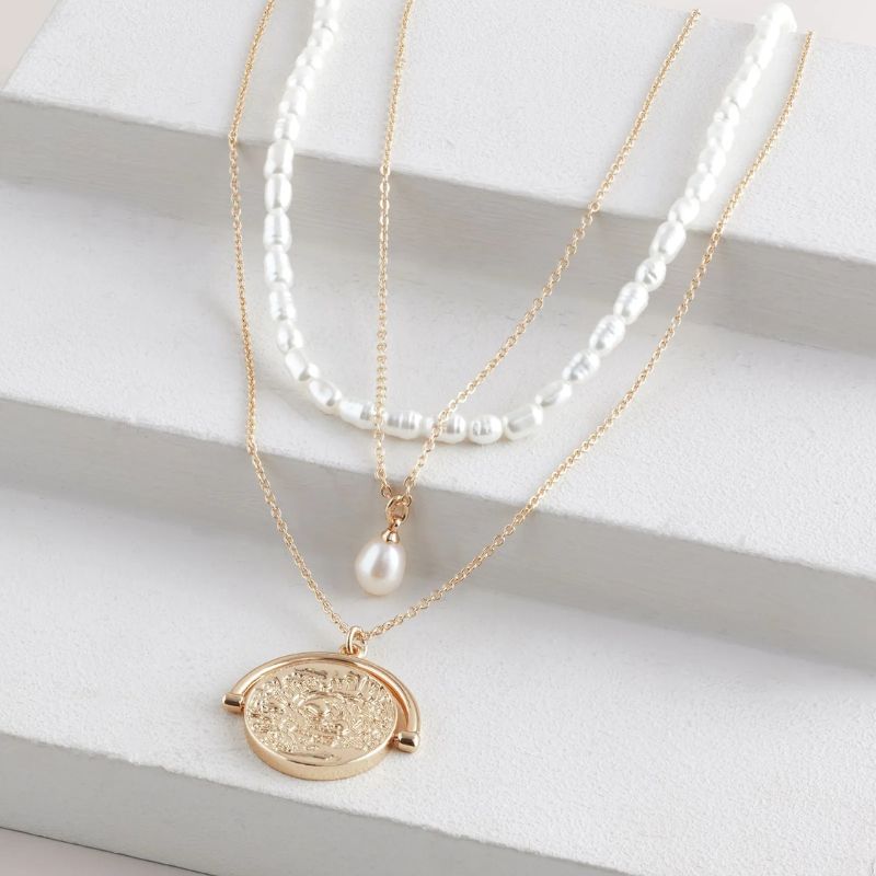 Gold Tone Pearl Effect 3 Layer Necklace