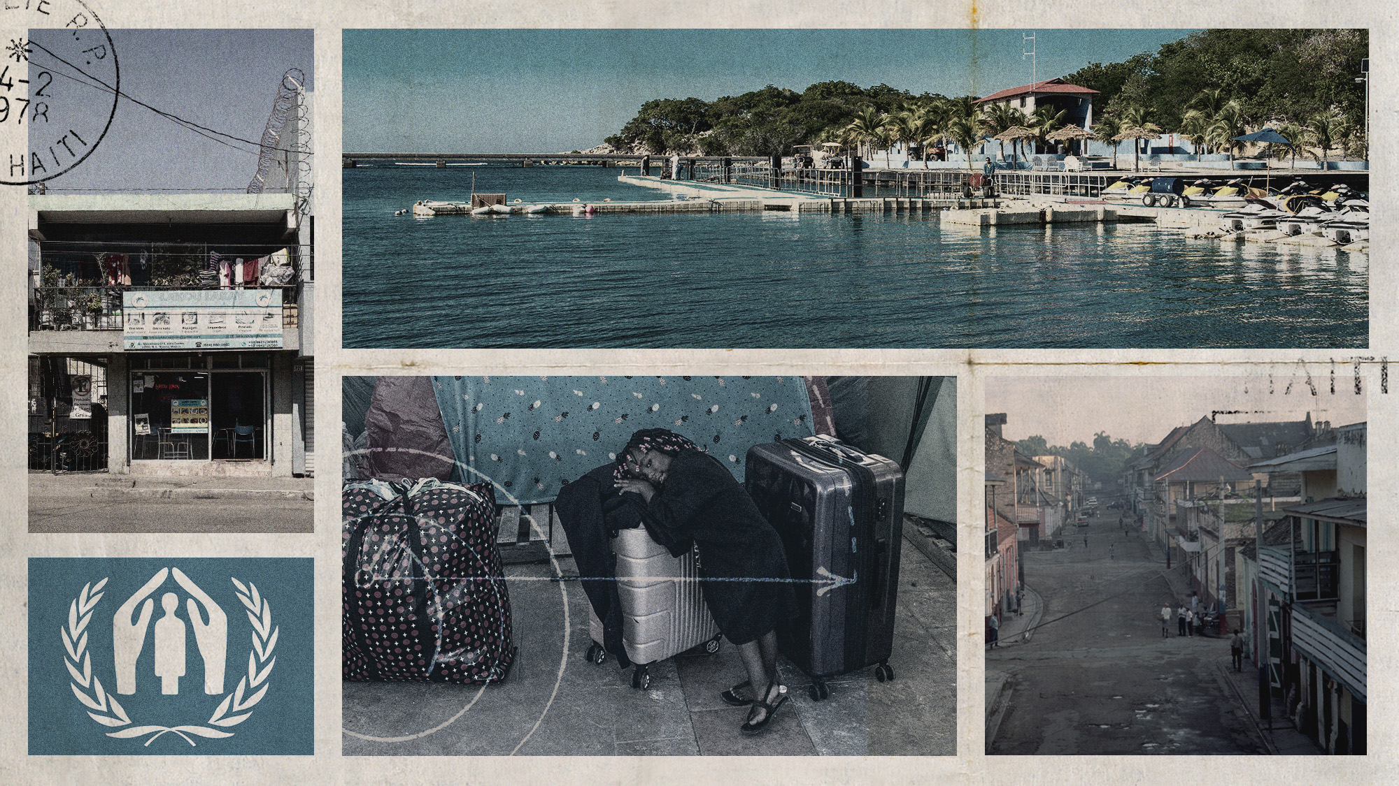 Photo collage of the shore of Haiti, a street in Cap-Haitien, UNHCR logo, a young immigrant girl leaning on a suitcase, and a Haitian restaurant in Tijuana, Mexico.