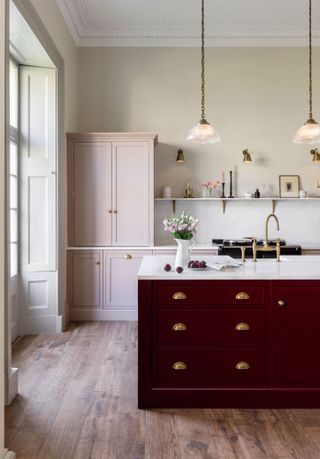 Pale pink and plum kitchen