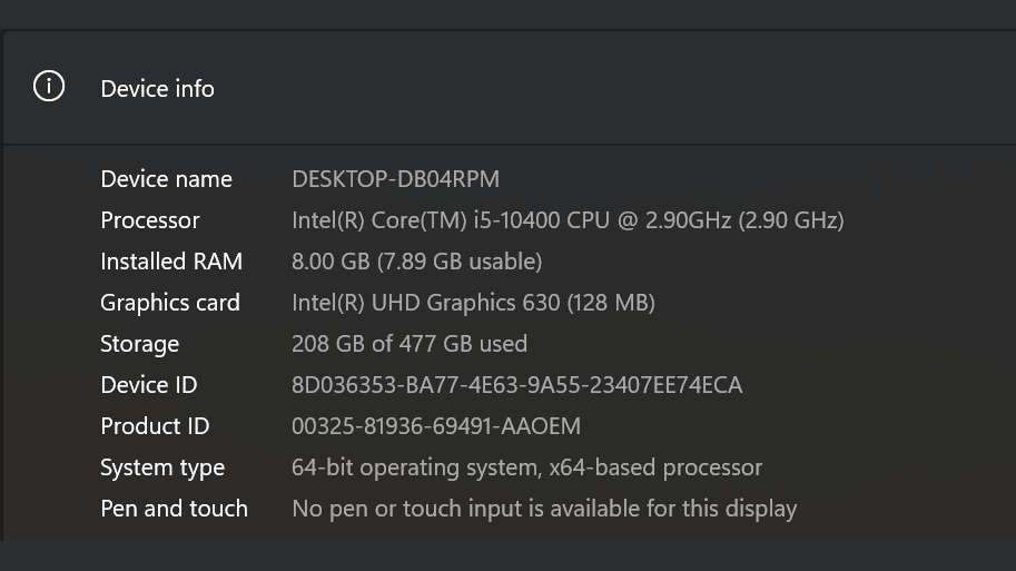 Device info window listing hardware and system specifications.