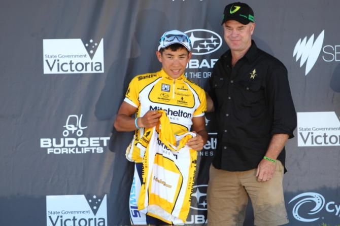 Race leader, Caleb Ewan (BikeBug) on the podium with his leader jerseys