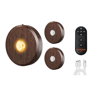 Mekkleon Puck Lights With Remote Control Rechargeable,wireless Under Cabinet Lighting,2000mah Battery Operated Tap Push Touch Lights,stick on Lights for Counter,shelf,bookcase (wood Color, 3 Pcs)