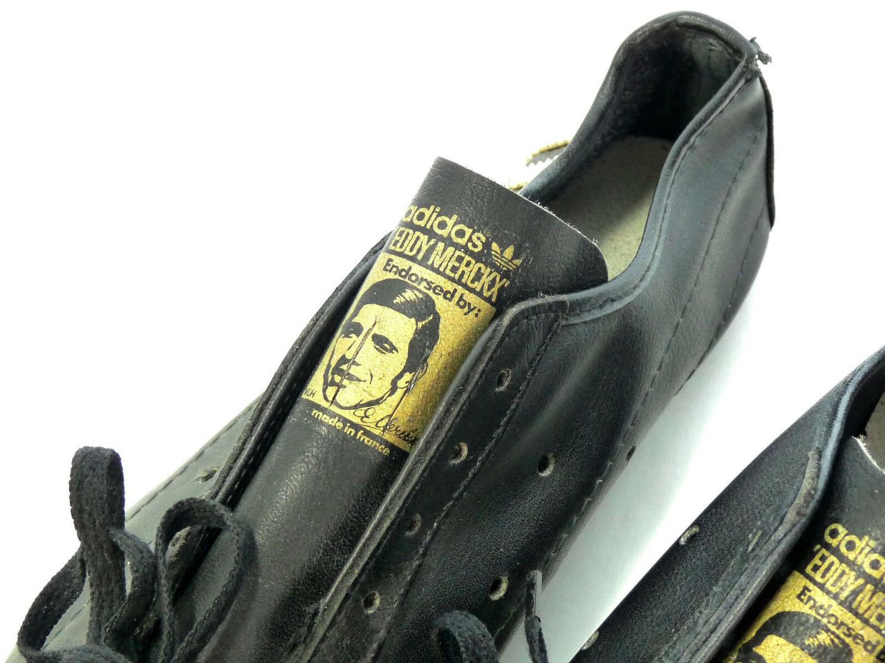 The tongues boast Eddy Merckx&rsquo;s face &ndash; just like a pair of Adidas Stan Smiths