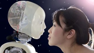 A side profile photo of a person and a robot face to face.