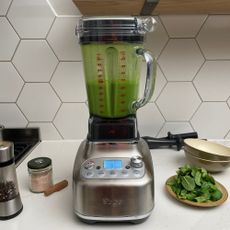 Sage Super Q blender beside plate of fresh mint leaves