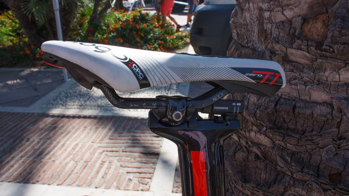 The main Shimano Di2 junction box normally sits somewhere up front, but this is a better solution from an aerodynamics perspective (Matthew Allen / Immediate Media)