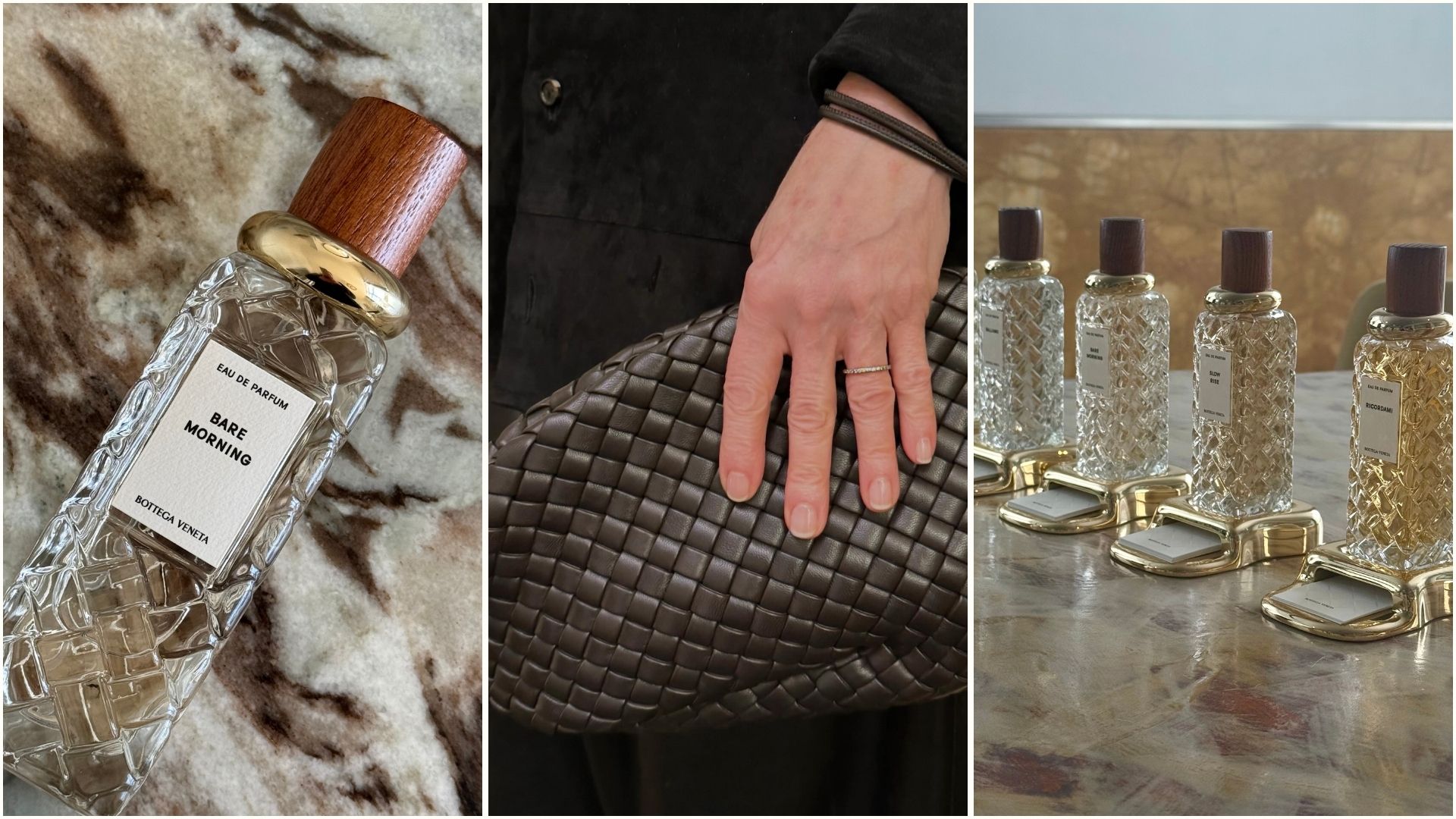 A collage featuring a bottega bag and the new perfumes