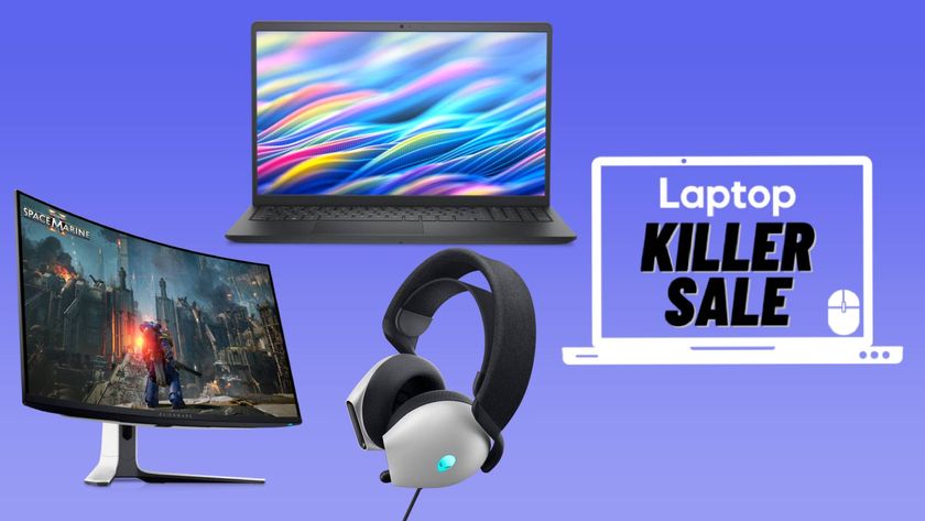 Dell 15 laptop, Alienware gaming monitor and Alienware gaming headset against a blue gradient background.