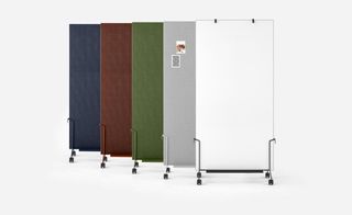 Movable office walls on wheels which come in blue, burgundy, green, grey and white.