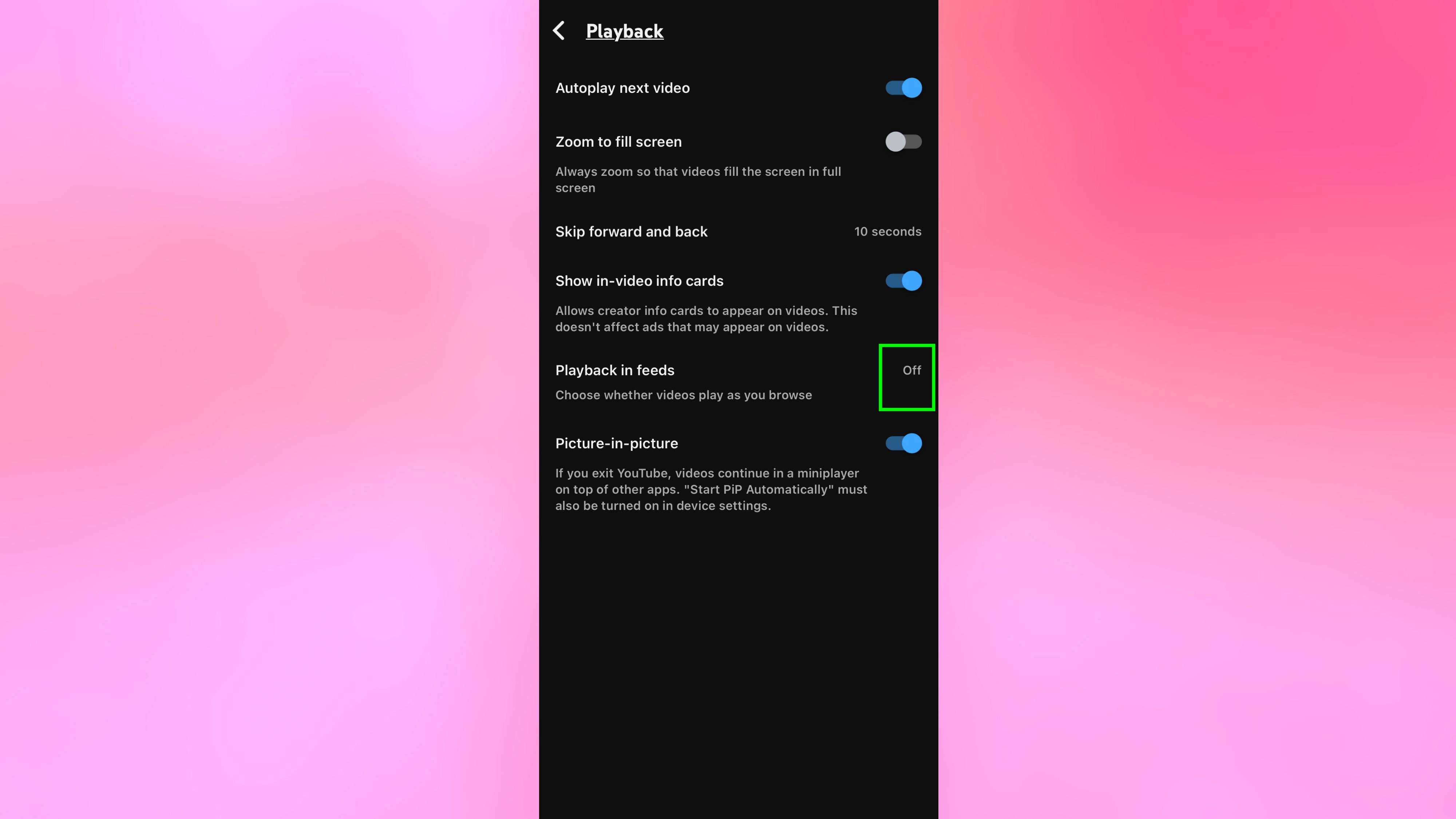 Turning off playback in feeds toggled off in Youtube