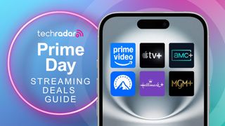 A phone with the icons for multiple streaming services on it, with text saying "Prime Day streaming deals guide"