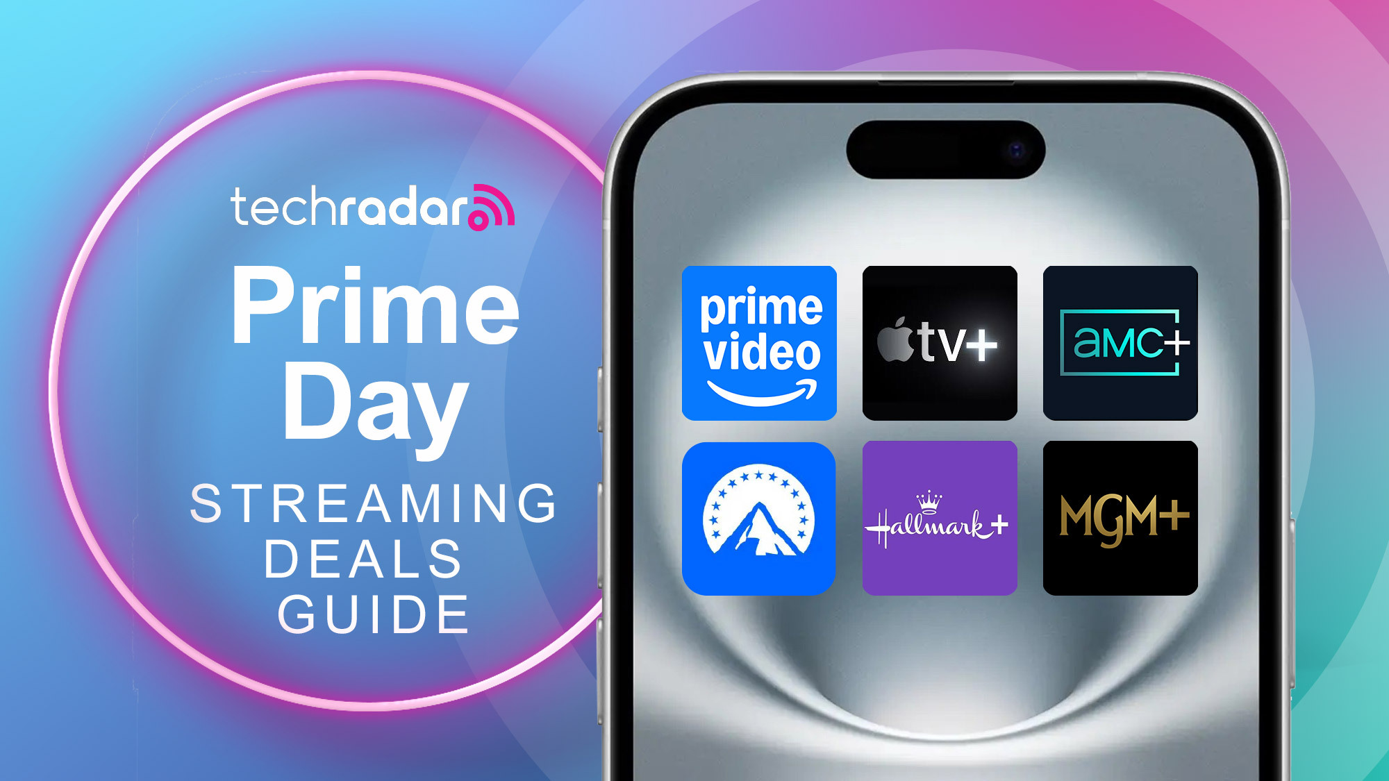 A phone with the icons for multiple streaming services on it, with text saying &quot;Prime Day streaming deals guide&quot;