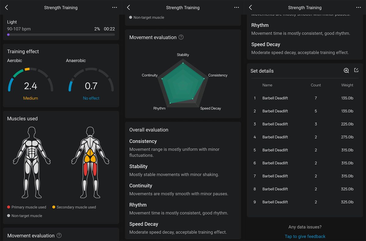 Detailed workout data collected by the Amazfit Balance 2 smartwatch, compiled in an easy to read way by the Zepp app