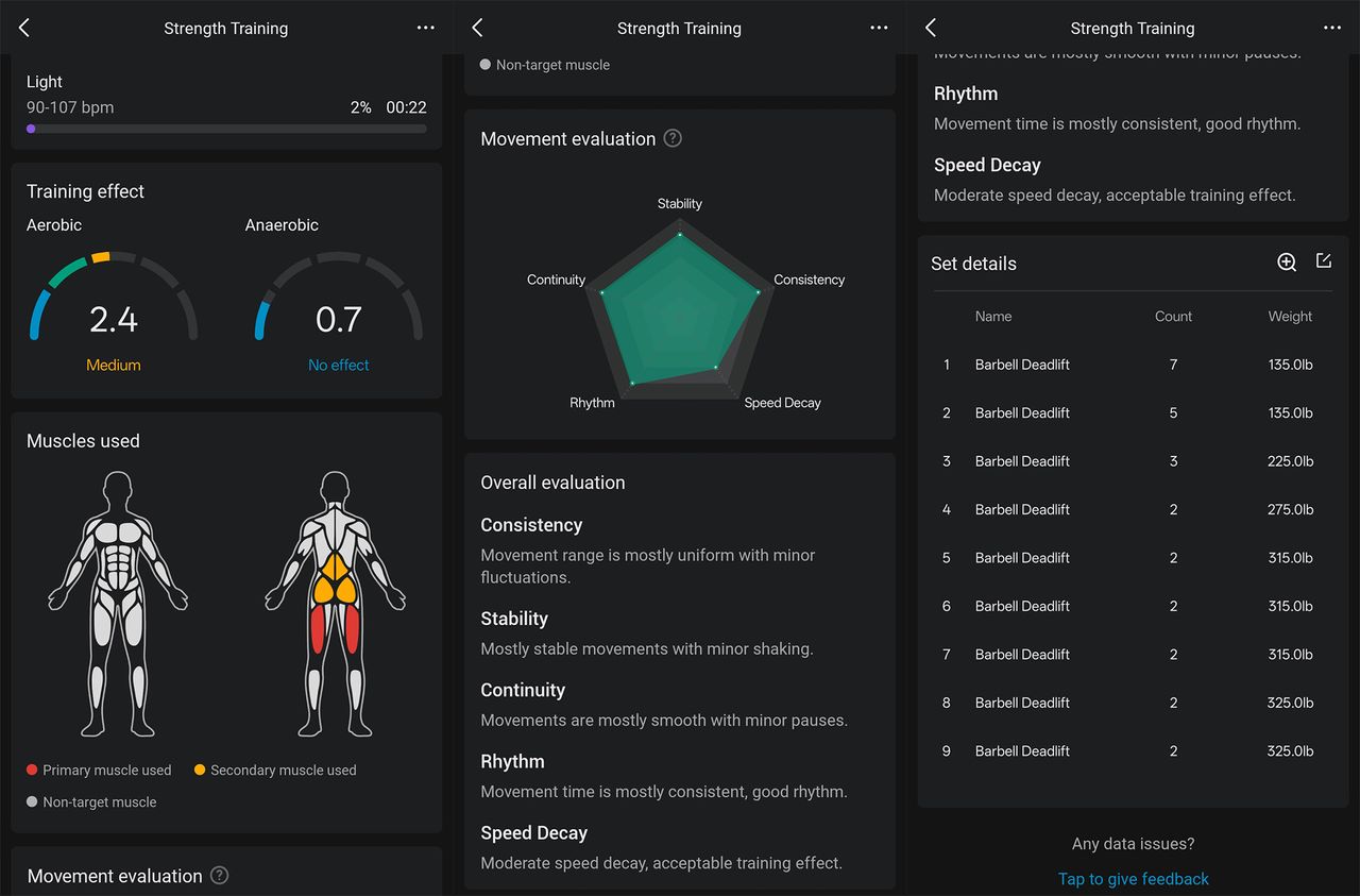Detailed workout data collected by the Amazfit Balance 2 smartwatch, compiled in an easy to read way by the Zepp app