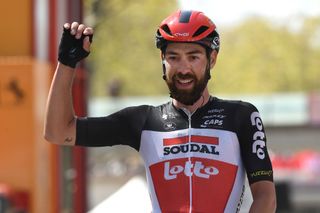 BARCELONA SPAIN MARCH 28 Arrival Thomas De Gendt of Belgium and Team Lotto Soudal Celebration during the 100th Volta Ciclista a Catalunya 2021 Stage 7 a 133km stage from Barcelona to Barcelona VoltaCatalunya100 on March 28 2021 in Barcelona Spain Photo by David RamosGetty Images