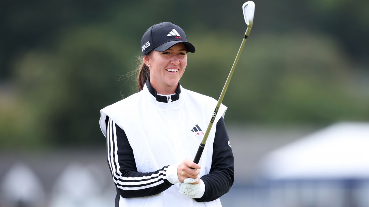 Linn Grant aims an iron shot ahead of the AIG Women&#039;s Open