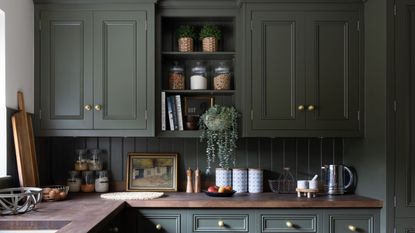 Dark green kitchen cabinets with a dark wood counter. Various kitchen counter clutter on the surface, such as a kettle and food storage containers.