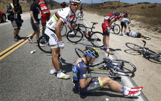 Jonathan Cantwell (Saxo-Tinkoff) down and almost out after this crash on Stage 2 of the 2013 Tour of California