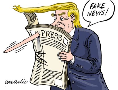 Political Cartoon U.S. Trump fake news 10000 lies media