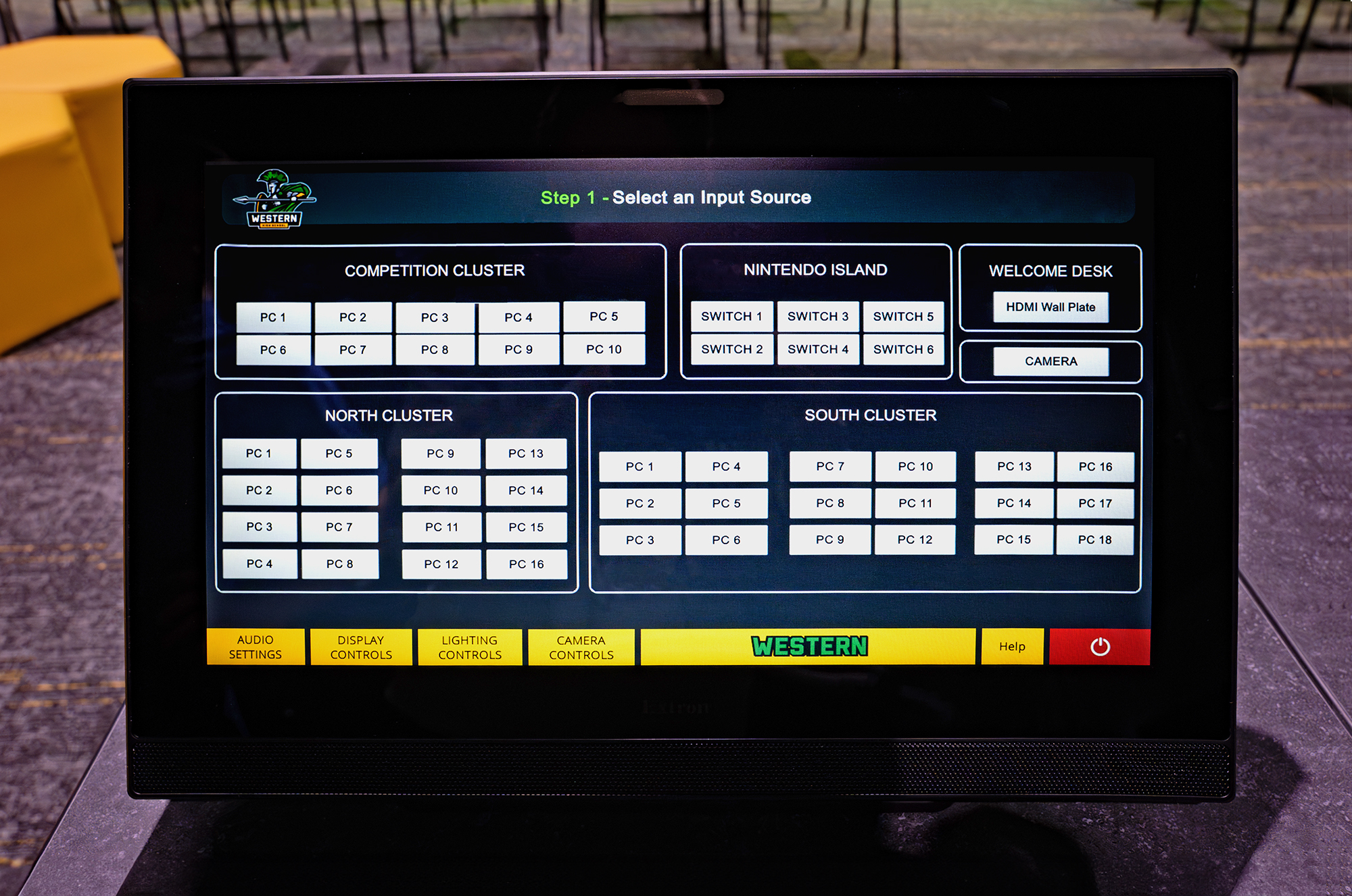 Western High School's neon green and yellow esports lounge.