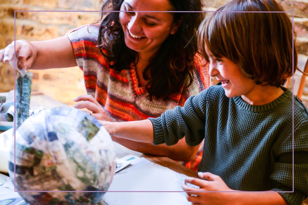 How to make paper mache illustrated by boy crafting with woman