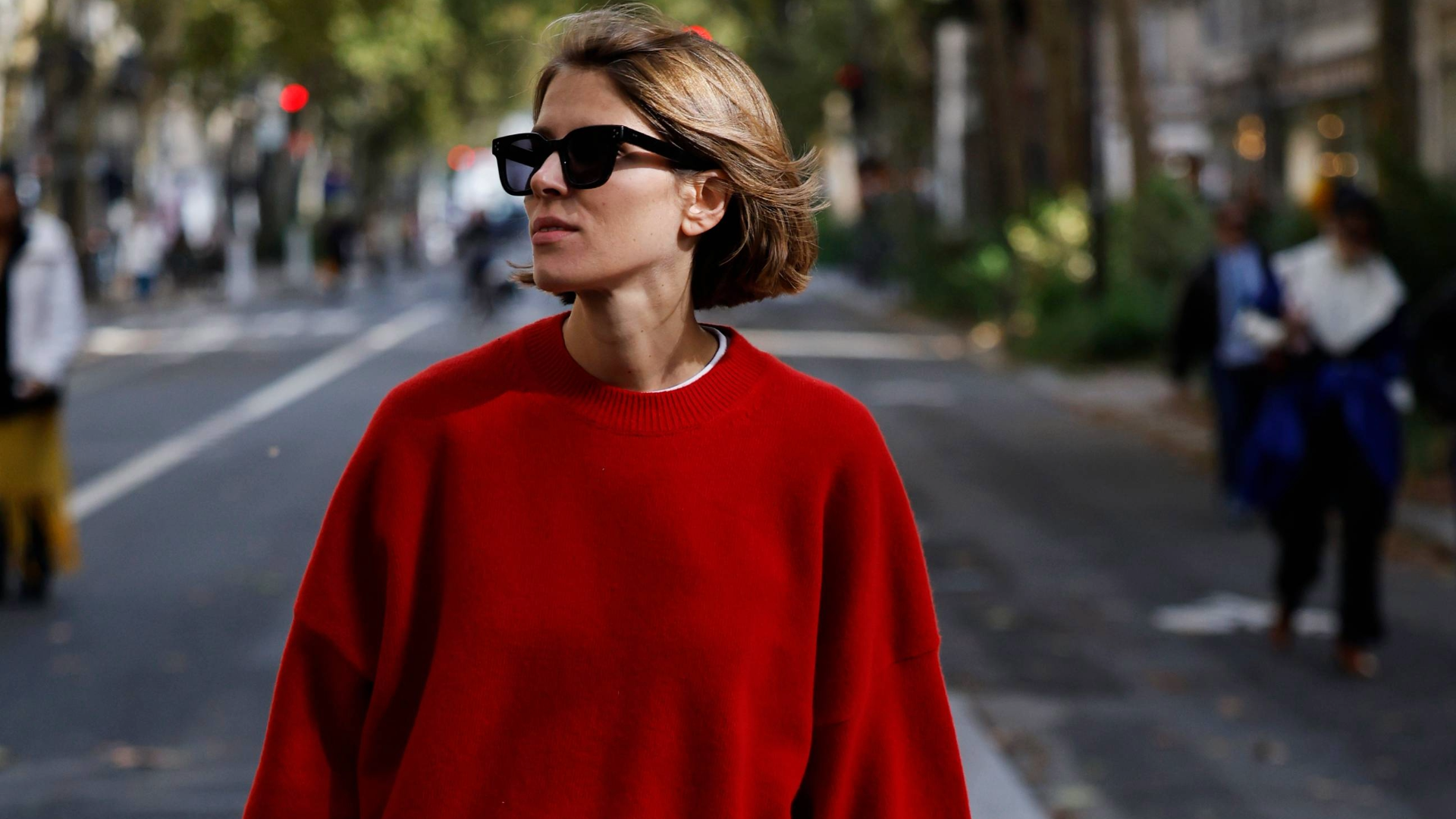 PARIS, FRANCE - OCTOBER 04: A guest wears red jumper, red trousers, brown Herm&egrave;s bag, outside Herm&egrave;s, during the Womenswear Spring Summer 2026 as part of Paris Fashion Week on October 04, 2025 in Paris, France. (Photo by Claudio Lavenia/Getty Images)