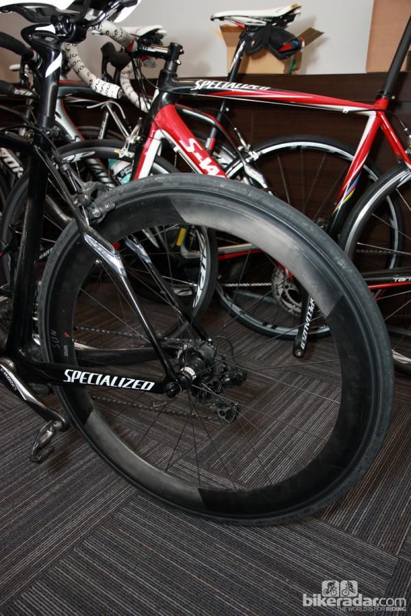 Specialized director of advanced development Chris D'Aluisio rolled in with not only the new Roubaix but also a new set of Specialized Roval all-carbon road clinchers.