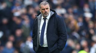 Tottenham manager Ange Postecoglou looks on during defeat to Arsenal in April 2024.
