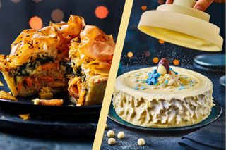 M&S Butternut and vegan creamed spinach filo topped pie and Helter Skelter cake in split screen view