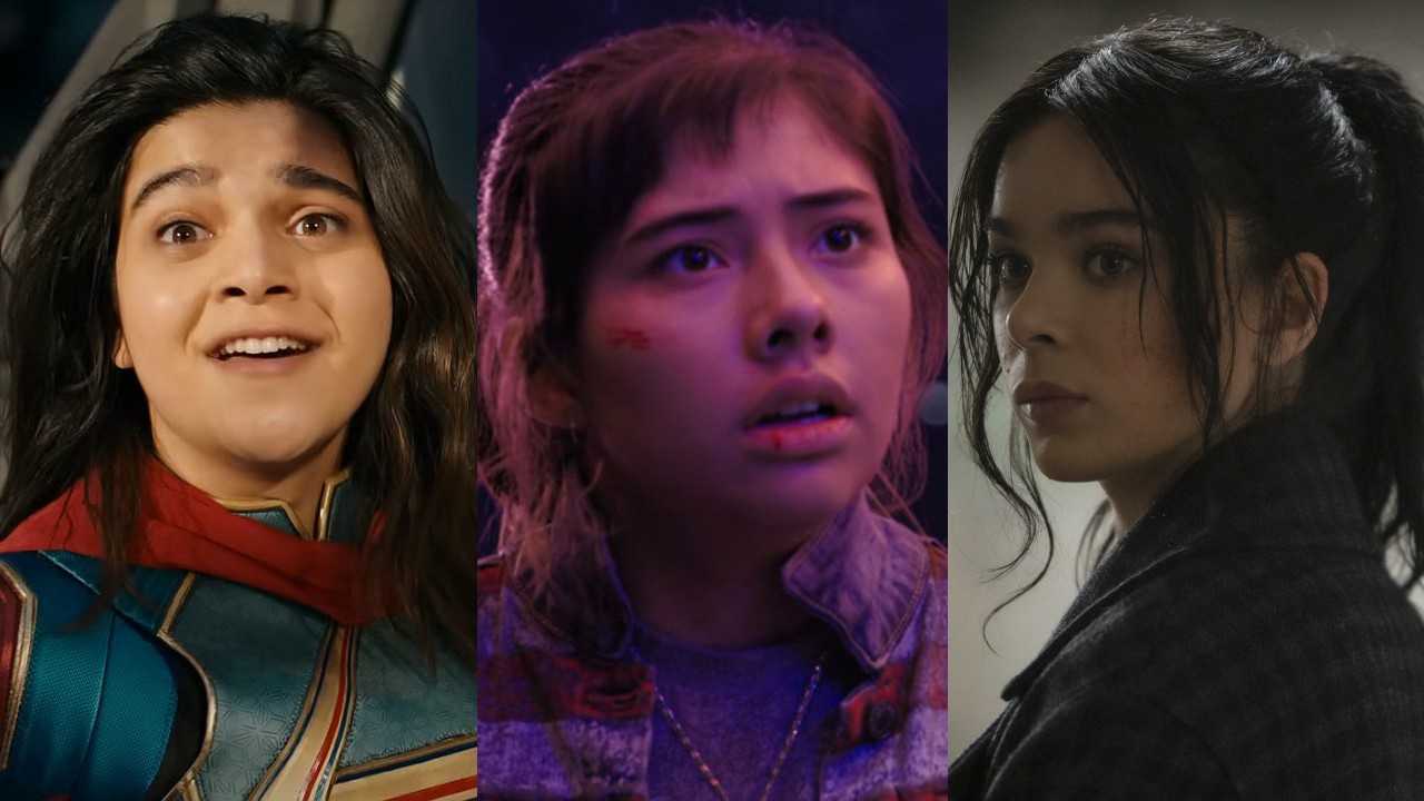 Kamala Khan (Iman Vellani) smiles in The Marvels, America Chavez (Xochitl Gomez) looks at Doctor Strange in Doctor Strange in the Multiverse of Madness and Kate Bishop (Hailee Steinfeld) looks ahead on Hawkeye.