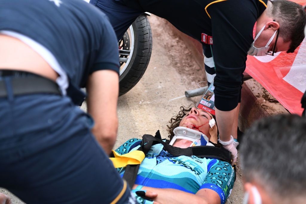 KEMER TURKEY APRIL 14 Arrival Noah Granigan of United States and Team Wildlife Generation Pro Cycling during the 56th Presidential Cycling Tour Of Turkey 2021 Stage 4 a 1844km stage from Alanya to Kemer Crash Injury Doctor Medical TUR2021 tourofturkeyTUR on April 14 2021 in Kemer Turkey Photo by Stuart FranklinGetty Images