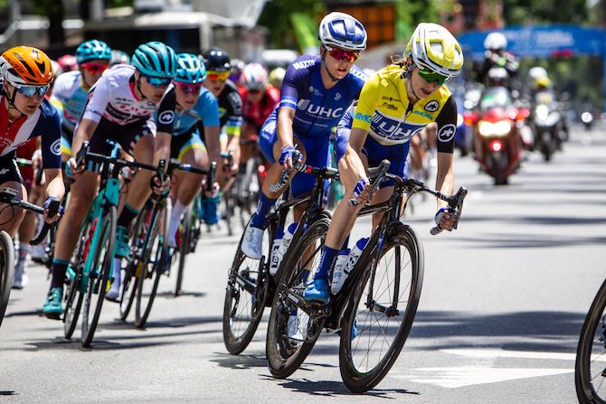 Katie Hall (UnitedHealthcare) in yellow during stage 3 of the 2018 Amgen Women's Race in Sacramento