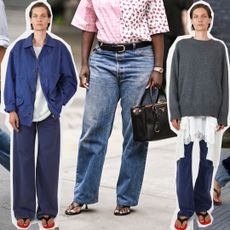 A collage of women wearing flip-flop and jeans outfits
