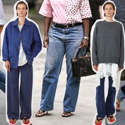 A collage of women wearing flip-flop and jeans outfits