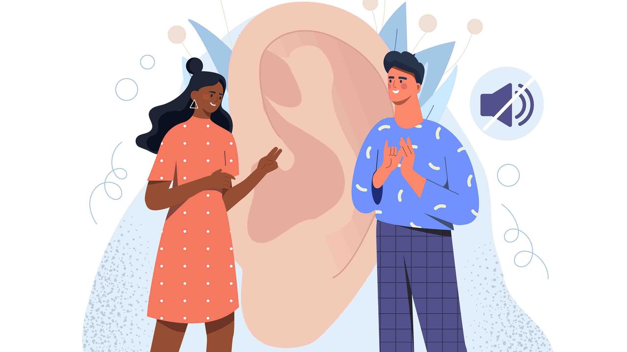 Illustration of a woman and a man in front of a giant ear