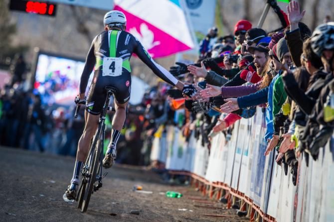 Ryan Trebon (Cannondale-Cyclocross World) gets cheered across the line for second place