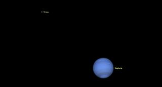 a rich blue orb of a planet sits like a silver dollar in the lower right, just off center. in the upper mid left, a smaller orb is labeled Triton.